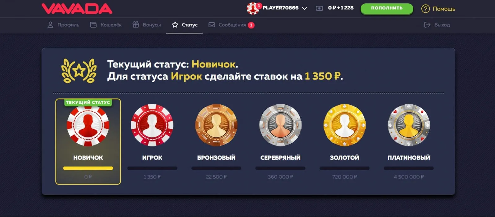Статус игрока Vavada Статус игрока Вавада